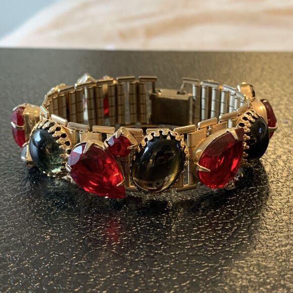 VTG Ruby Red & Smoky Gray Glass Cabochon Link Bracelet Gold Tone Art Deco Style - Picture 2 of 15